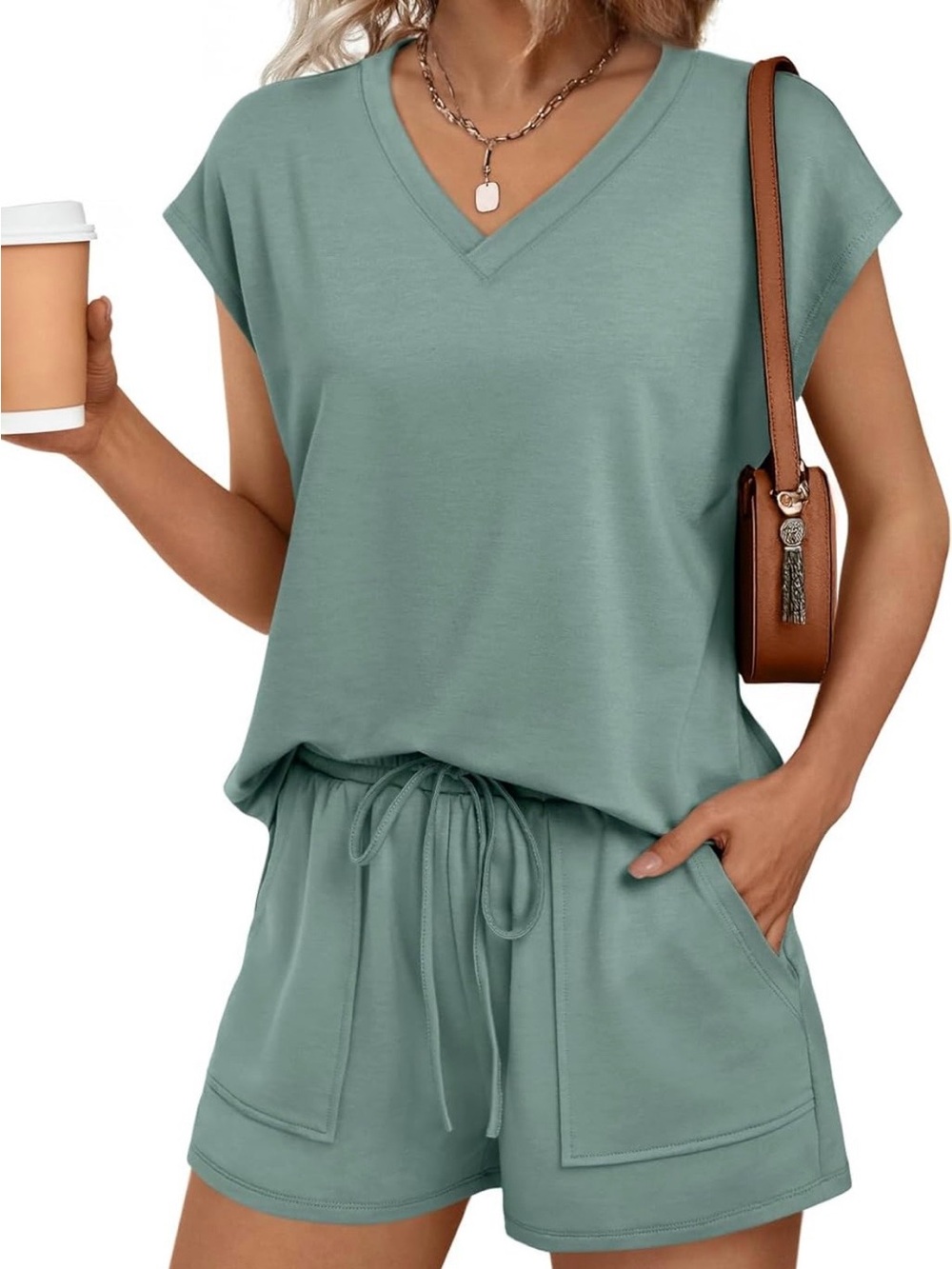 Automet 2 Piece V Neck Matching Lounge Sets, Cap Sleeve Shirt and Shorts. Sage